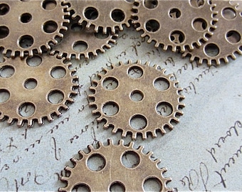 Large Gears - Antique Bronze flat round seven hole gear, cog, - 6 in a lot