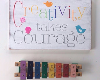 Creativity Takes Courage - Typography Word Art Sign in Rainbow and Grey