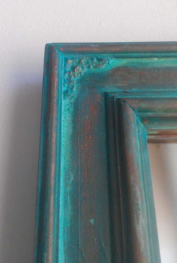 Decorative Mirror in Copper Verdigris Patina Vintage Wood