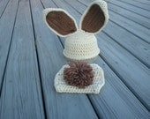 Bunny Hat and Diaper Cover with Tail Set Photo Prop (Sizes Newborn, 0-3 Months )