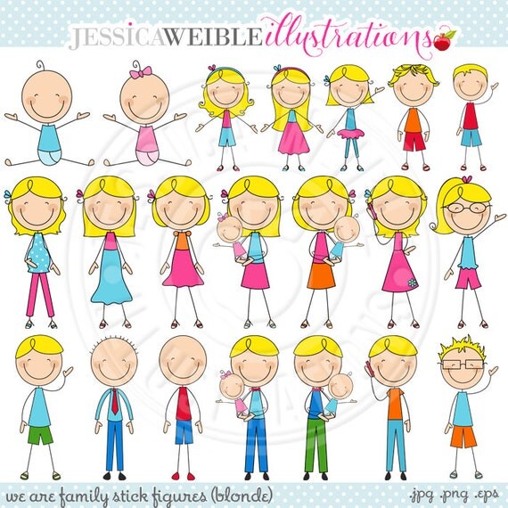 BLONDE We Are Family Stick Figures Cute Digital Clip Art - Commercial Use OK - Stick Figure Family Graphics Il_570xn