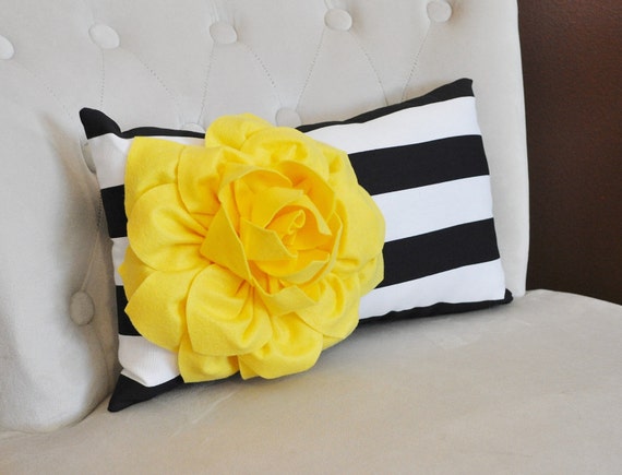 Bright Yellow Flower on Black Stripe Pillow