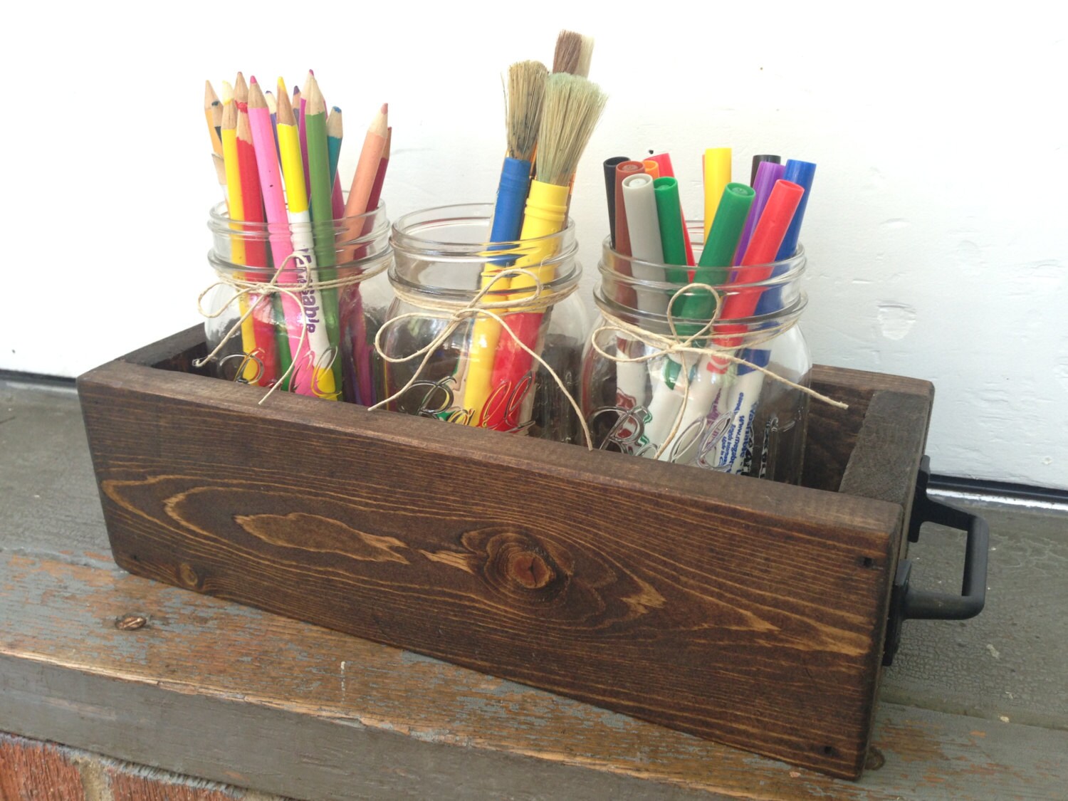 Wood Desk Organizer. Mason Jar Storage Wood Planter Box.