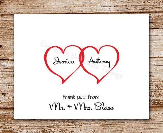 Set of 8 Wedding Thank You Cards | Hearts Personalized Stationery | Note Cards | Notecards | Choice of Color Il_570xn