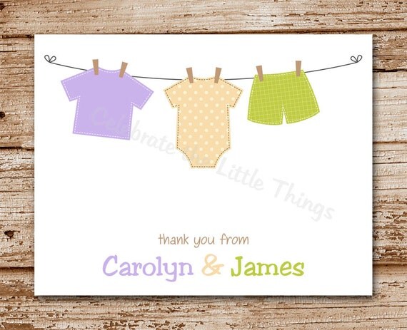 Set of 8 Baby Thank You Cards | Clothesline Note Cards | Personalized Stationery | Gender Neutral Il_570xn