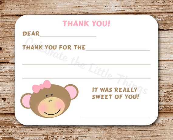 Set of 12 Monkey Thank You Cards for Girls | Fill in the Blank | Little Monkey, Pink, Zoo, Jungle Il_570xn