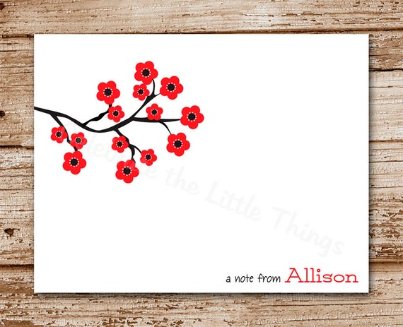 Set of 8 Cherry Blossom Note Cards, Notecards, | Personalized Stationery | Flowers, Tree | Red Il_570xn