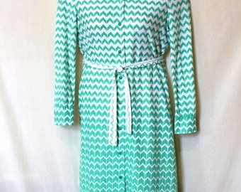 Vintage Tunic Dress Chevron Striped Retro Shirtdress 70s Green Sundress Lightweight XXL Women Plus Size Shirtwaist
