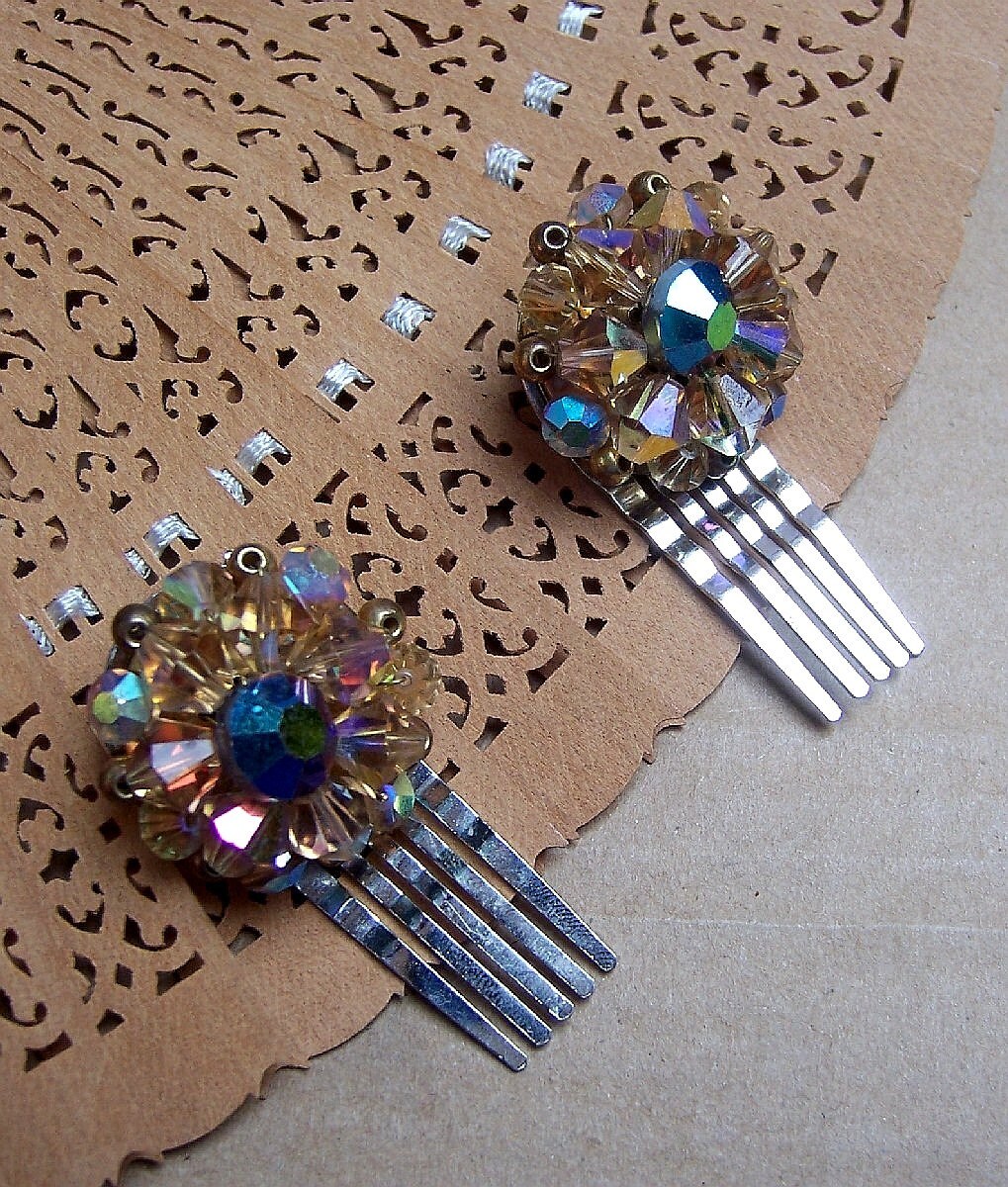 Vintage hair combs 2 AB rhinestone comb clip hair pin hair