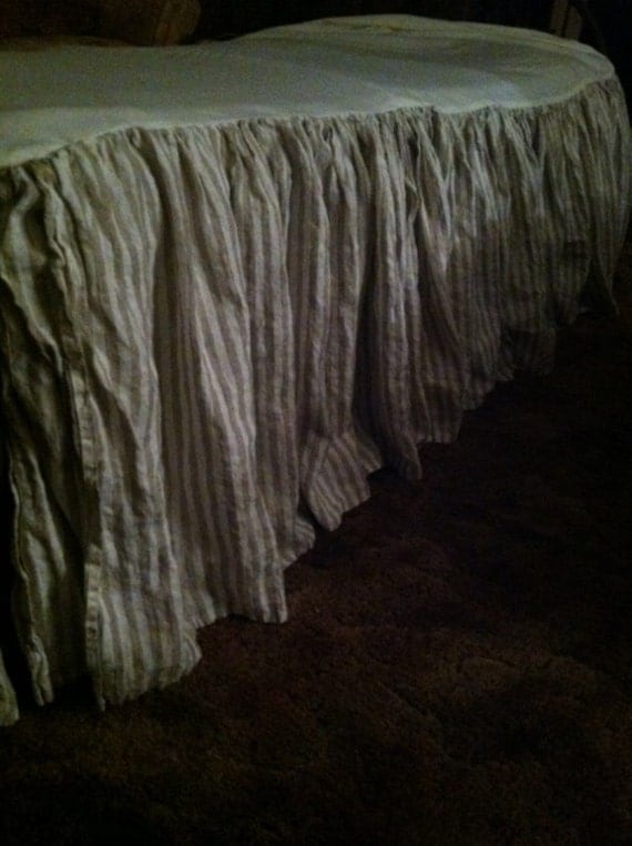 Washed Linen Gathered Bed Skirt Natural Flax and White Stripe