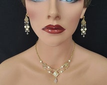 Bridal Choker Necklace/Earrings SET Crystals Ivory/White Pearls Filigree Diamond Squares Crystal AB - il_214x170.539100401_srov