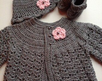 Crochet Baby Sweater Hat Booties Set Heather Grey 3-6 mo