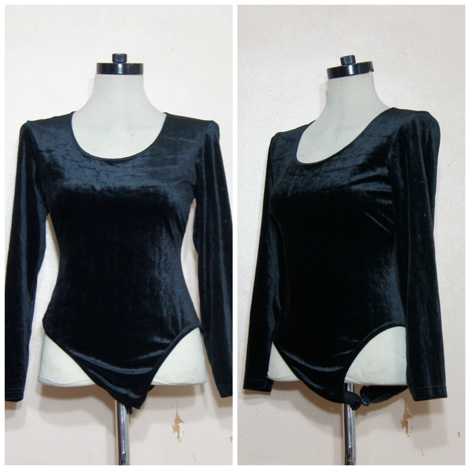 90s Black Velvet Bodysuit Goth Grunge Medium by WhiteWaveVintage