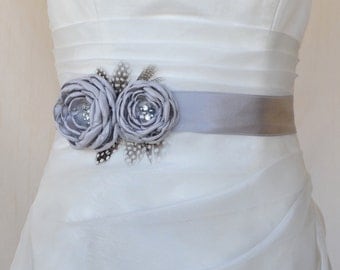 Handcraft Grey Two Flowers With Feathers Wedding Bridal Sash Belt
