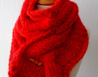 Red Chunky Scarf Big Winter Cabled Cowl Hand Knitted