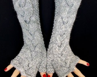 Fingerless Gloves Grey Shades Cabled woolen Arm Warmers Extra Long