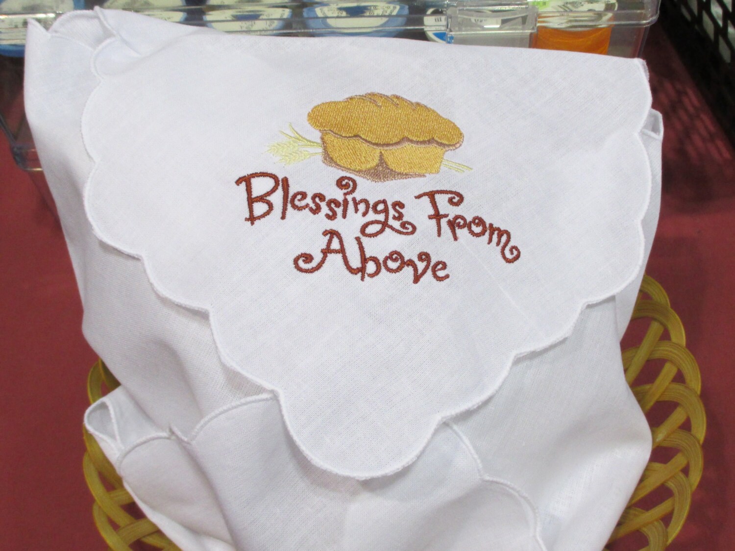 Embroidered Linen Bread Basket Liner with Bread