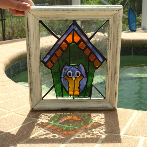 Stained Glass Mosaic Repurpose Frame Owl Hoot Window