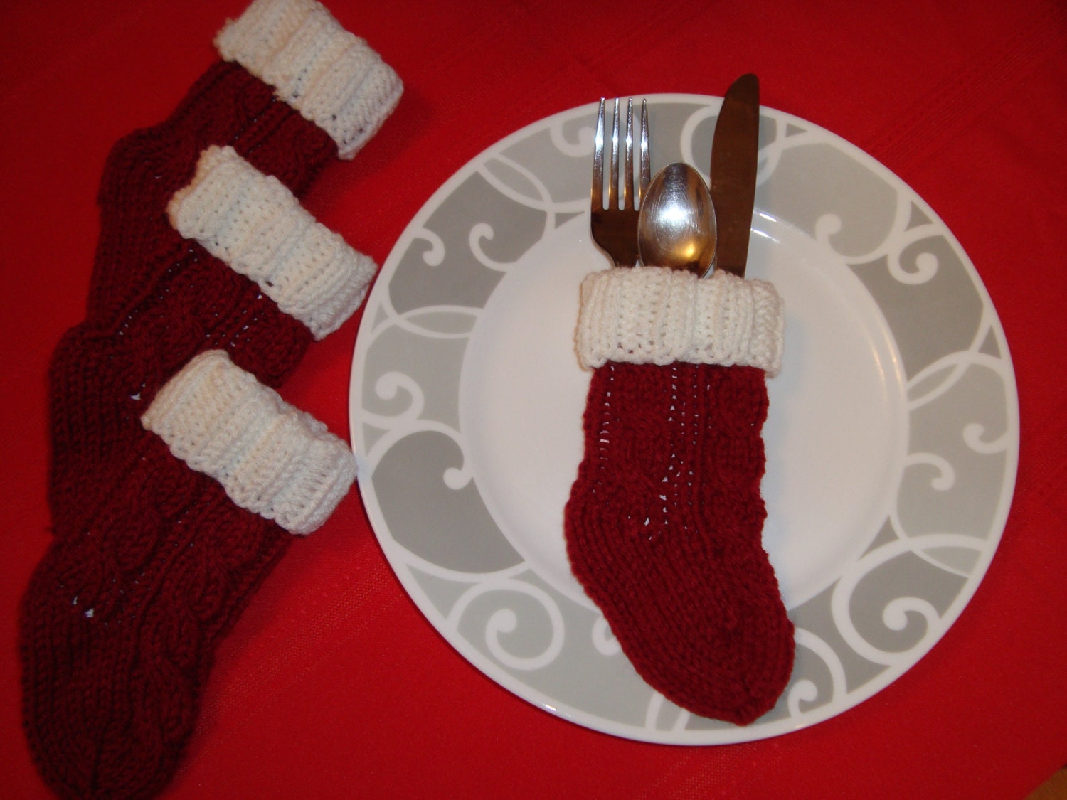 Knitted Christmas Stocking Silverware Holder PATTERN by