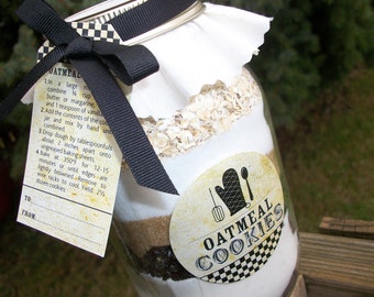 Vintage Cookie Jar Decoration DIY kit, Mason Cookie Jar Recipe with ribbon, cloth covers, labels, gift tags. cookie mix in a jar, 4 recipes