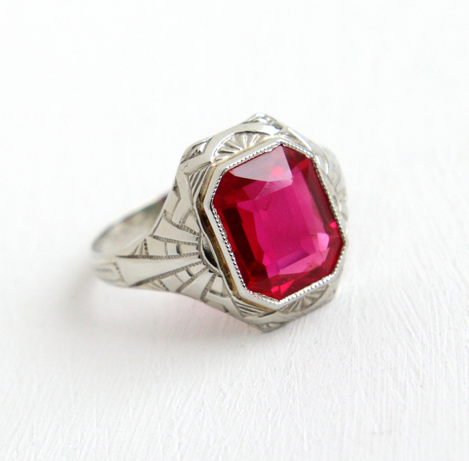 SALE Vintage 10k White Gold Created Ruby Ring Antique Size