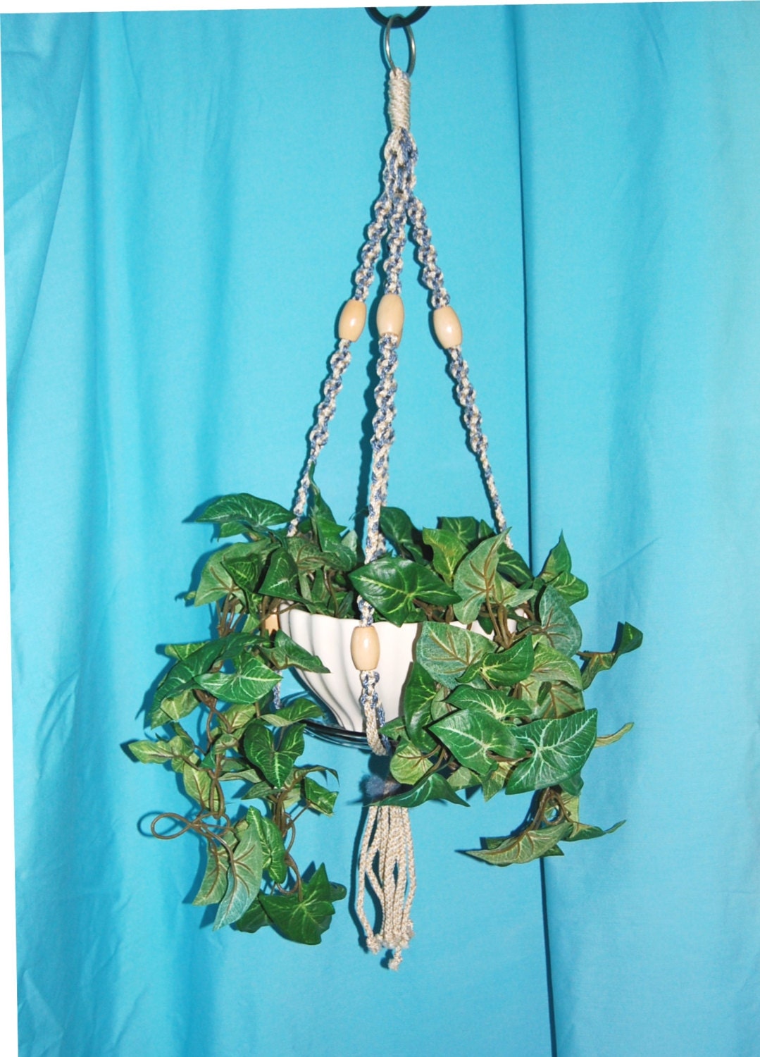 Short Macrame Plant Hanger Light Blue and Tan by