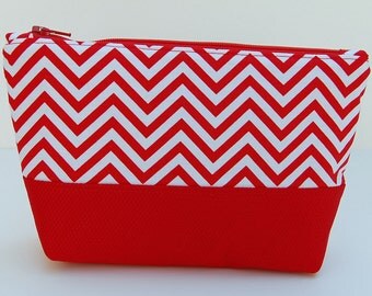 Red Chevron Make Up Bag, Red Cosmetic Bag, Red Chevron Zippered Pouch, Chevron Pencil Case, Bridesmaid Gift