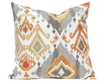 Euro Sham Throw Pillow Cover, Burnt Orange Pillow Cover, Gray Pillow Decorative Pillow Cover Gray Orange Ikat Cushion Cover Ikat Pillow Sham