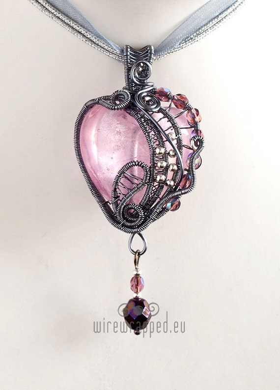 OOAK Pink and grey gothic heart wire wrapped pendant by ukapala