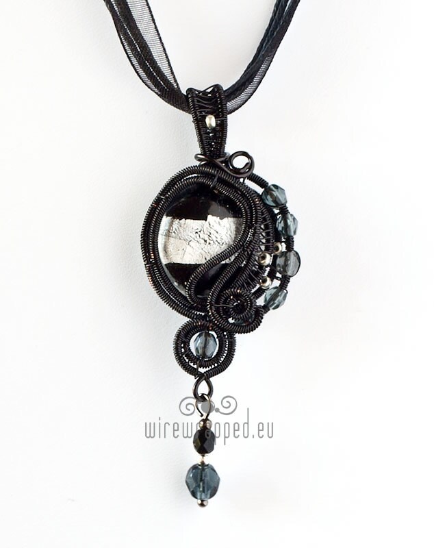 OOAK Silver grey and black wire gothic wire wrapped pendant