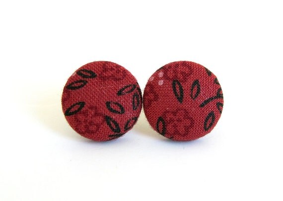 Burgundy red stud earrings  dark red fabric button by KooKooCraft