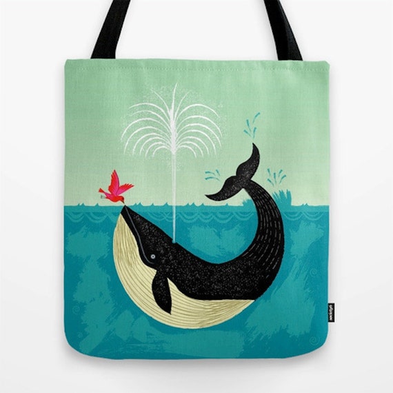 The Bird and The Whale - Birds and Whales - modern Tote Bag / Book Bag - 16" x 16"
