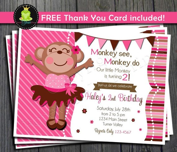 Monkey Birthday Invitation - FREE Thank You Card included Il_570xn