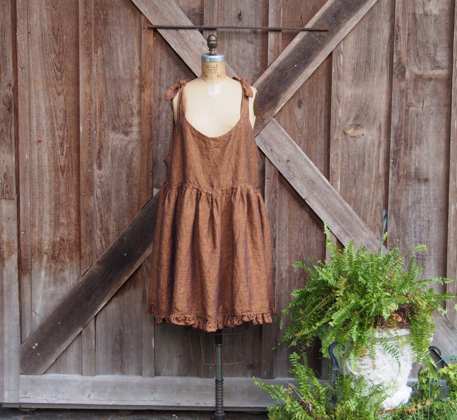 linen jumper pinafore apron dress tunic in gold orange rust