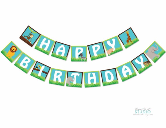 Zoo Animals Happy Birthday Party Banner Safari Jungle Theme