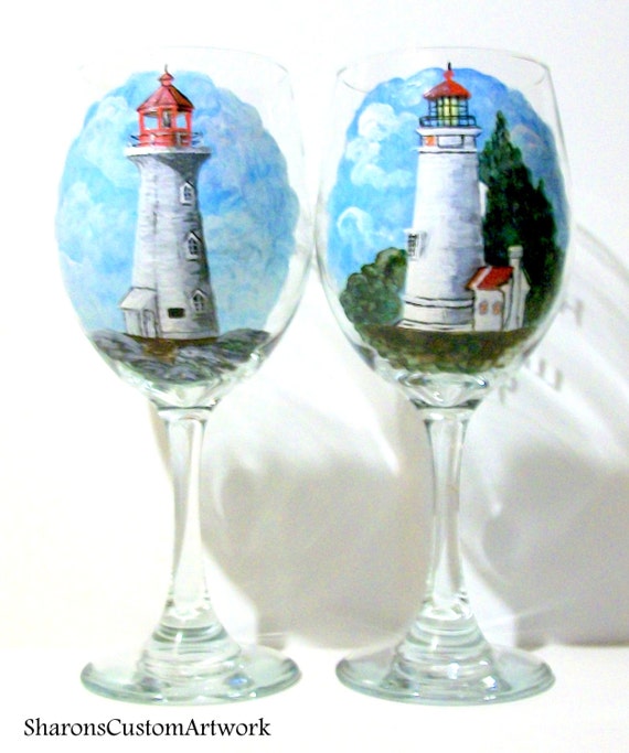 Lighthouses Set of 2 20 oz. Wine Glasses Hand Painted