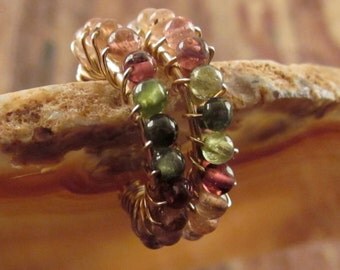 Tourmaline Earrings Beaded Hoops Gold Hoop Earrings October Birthstone Earrings Watermelon Tourmaline Jewelry Beaded Earrings Womens Gift