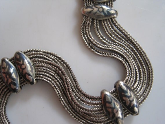 Vintage Turkish Bracelet Sterling Silver Mesh and Niello