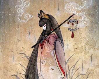 Bad Thoughts / Kitsune Fox Yokai / Japanese Asian Style / Wall Decor / 11x14 Poster Print