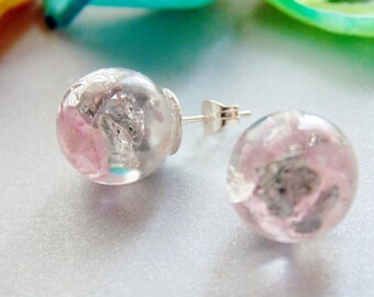 Rose Quartz Earrings, Natural Rose Quartz with Silver Flakes, Stud Orb Earrings, Handmade by Wishes on the Wind