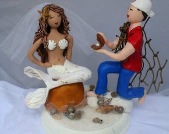Mermaid and Wedding Cake Topper CUSTOMIZED to your features Hand Sculpted in Clay
