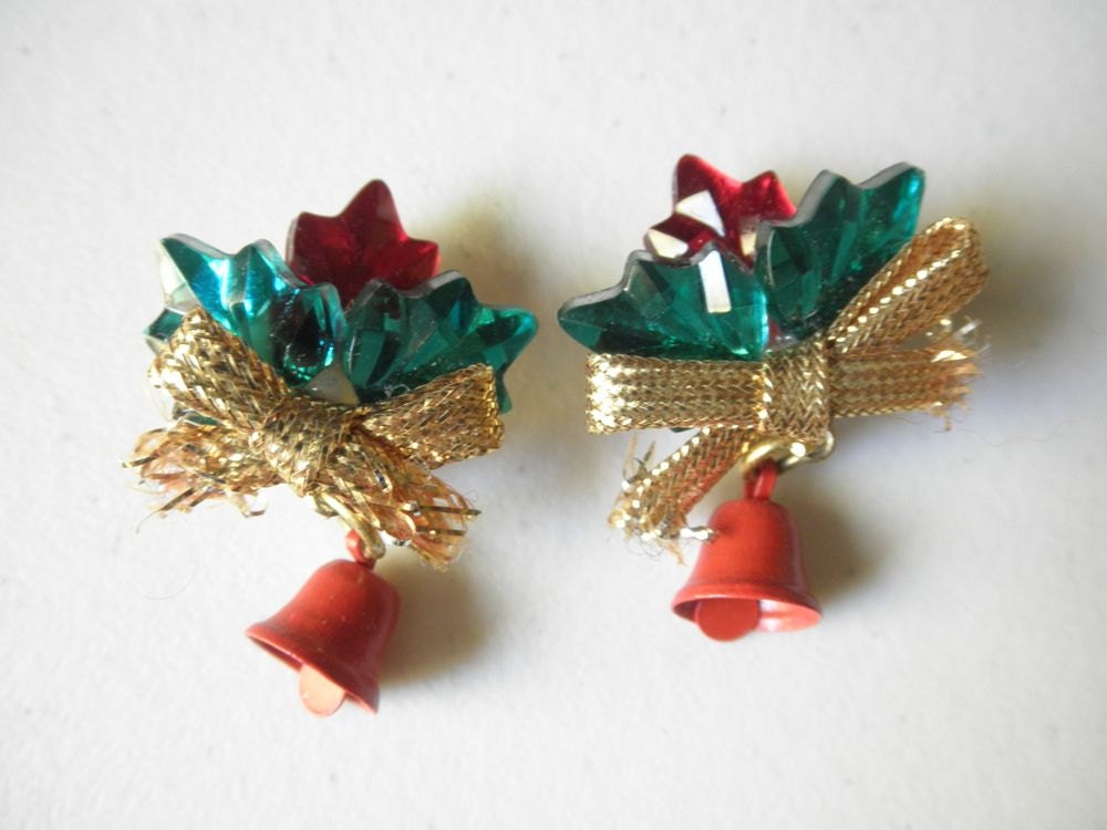 Vintage Christmas clip on earrings red bells and holly 1970s