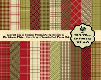 Christmas Plaid Digital Paper Pack - Sage Green & Tomato Red - The Plaid Series 20 Papers Background Photography Scrapbook Instant Download