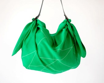 Triangles furoshiki bag & Black leather carry strap set