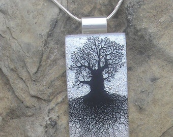 Silver Oak Tree of Life Necklace Dichroic Fused Glass Oak Pendant