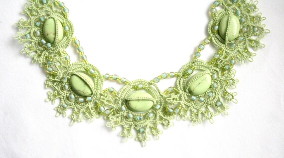 Spring Green Turquoise Tatting Lace Beaded Fiber Necklace
