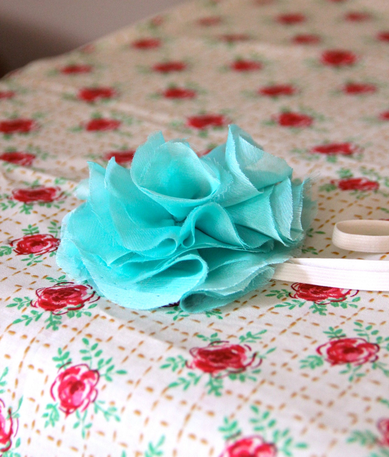 Teal Aqua Ice Blue Chiffon Flower Elastic Headband