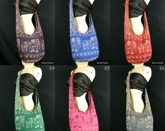 Cotton Hippie Hobo Sling Crossbody Bag Messenger Purse Elephant Small in Teal Navy Blue Mustard Pink Grey / You Pick Color