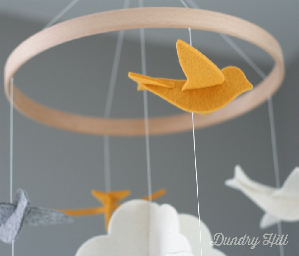 100% Merino Wool Felt Nursery Mobile - Eco-Friendly - Rich, Lightfast Colors - Heirloom Quality - Yellow, Gray and White Birds Baby Mobile