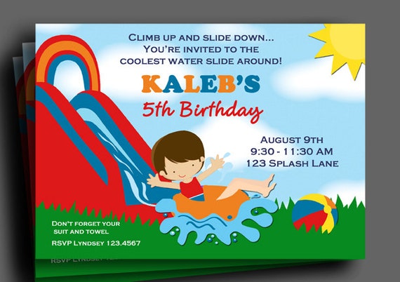 Boys Water Slide Invitation Printable or Printed with FREE SHIPPING - You Pick Hair Color/Skin Tone - Waterslide Fun Il_570xn